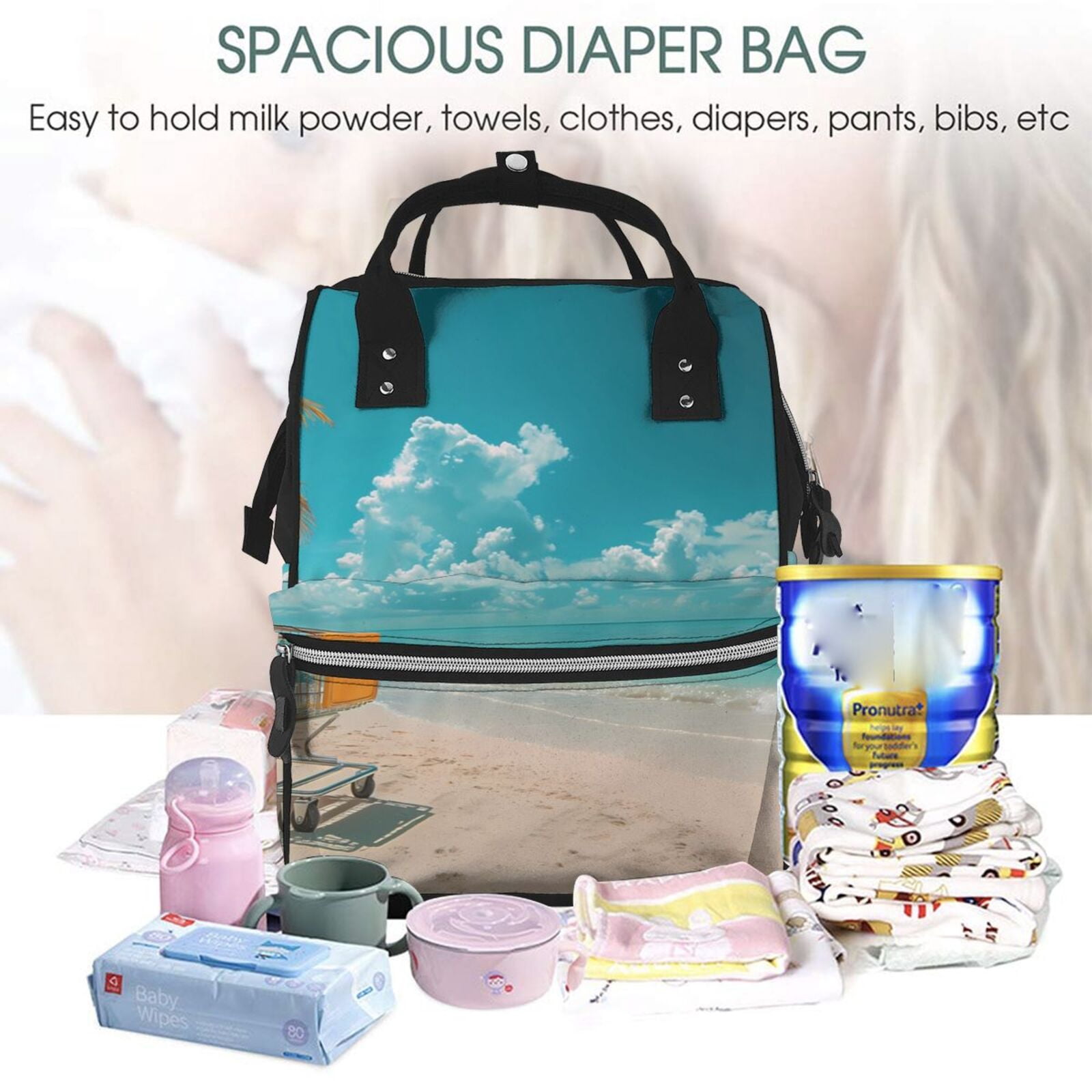 Fuzoiu Shopping Cart On Tropical Beach Print Diaper Bag Backpack,Baby Essentials Travel Tote,Multi function Waterproof Diaper Bag, Travel Essentials Baby Bag - Unisex