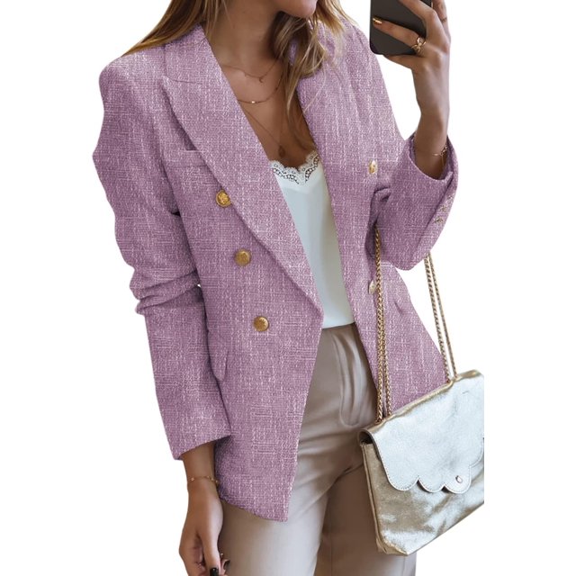 Womens Double Breasted Tweed Blazers Casual Long Sleeve Open Front Blazer Jackets Work Suits