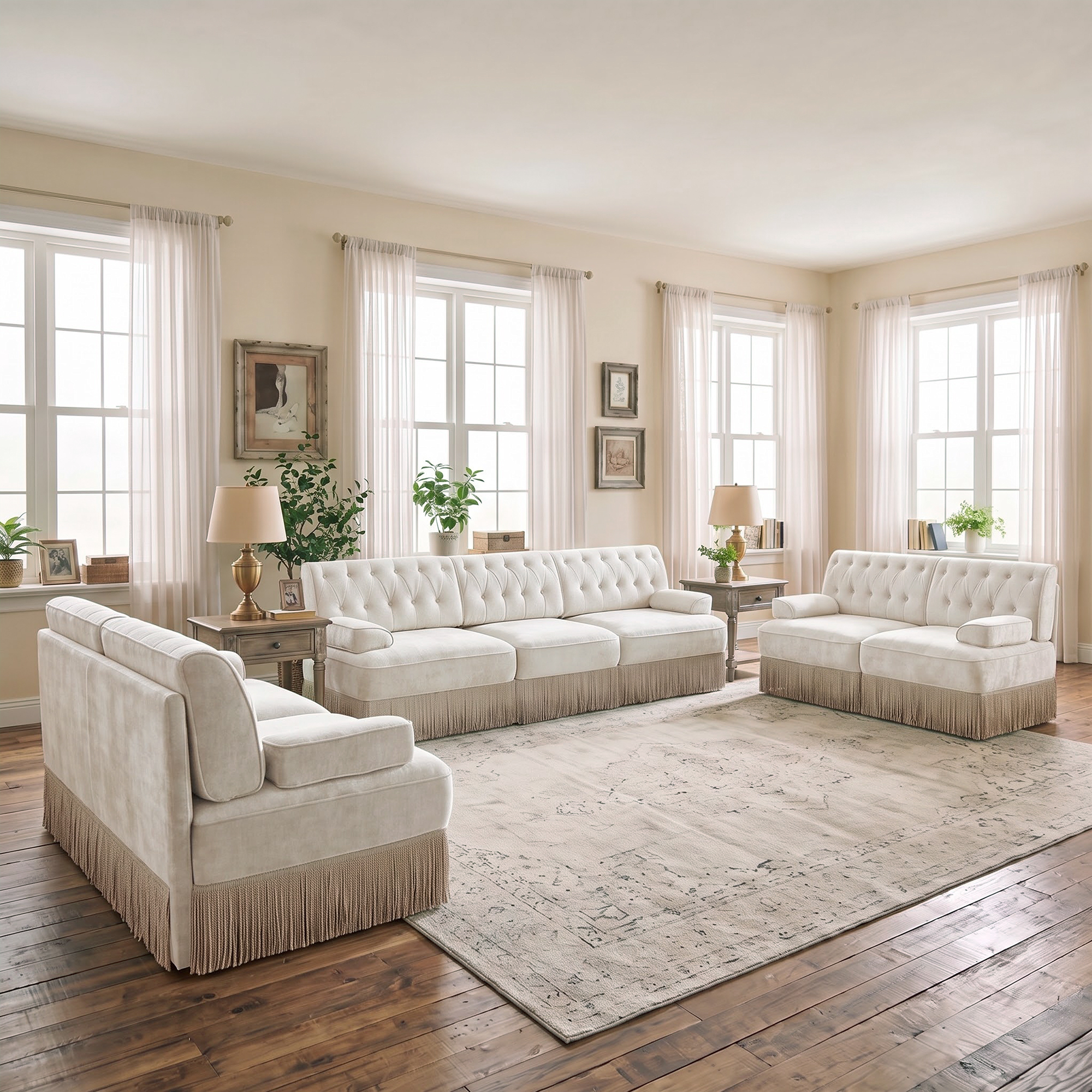 3‑Piece Sectional Sofa Set, 2 Pcs Loveseat & 1 Pcs 106" 3‑Seater Sofa Couch Set with Tassel Skirt
