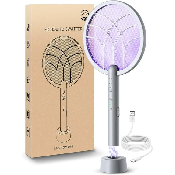 Esemoil Electric Fly Swatter Racket, 2 in 1 Smart Bug Zapper with USB Rechargeable Base, Powerful Mosquitoes Trap Lamp & Fly Killer with 3-Layer Safety Mesh for Home, Bedroom, Kitchen, Patio(1 Pack)
