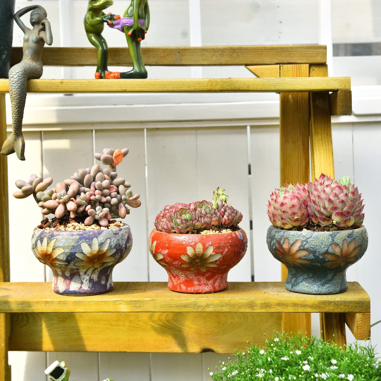 Sungmor Small Succulent Planters Set of 3, Beautiful Hand Crafted Ceramic Plant Pots Cute Cactus Pot, 4.9 Inch Flower Pots for Indoor Plants with Drainage, Desktop Windowsill Home Office Decor Pots