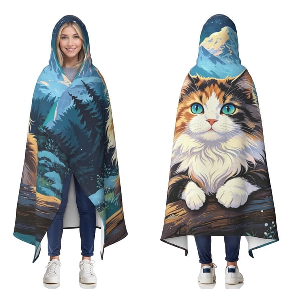 Starry Forest Cat Wearable Blanket Hoodies for Women Men Adults Cat Lovers Soft Cozy Cute Cat Hooded Blanket for Couch Home Decor Birthday Gifts 50×60 Inch