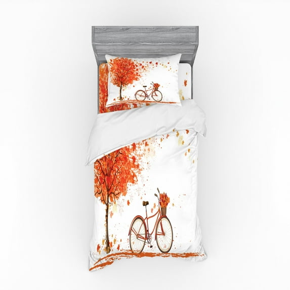 Ambesonne Autumn Bedding Set 3 Pcs, Watercolor Fall Season, Twin, Orange Brown and White