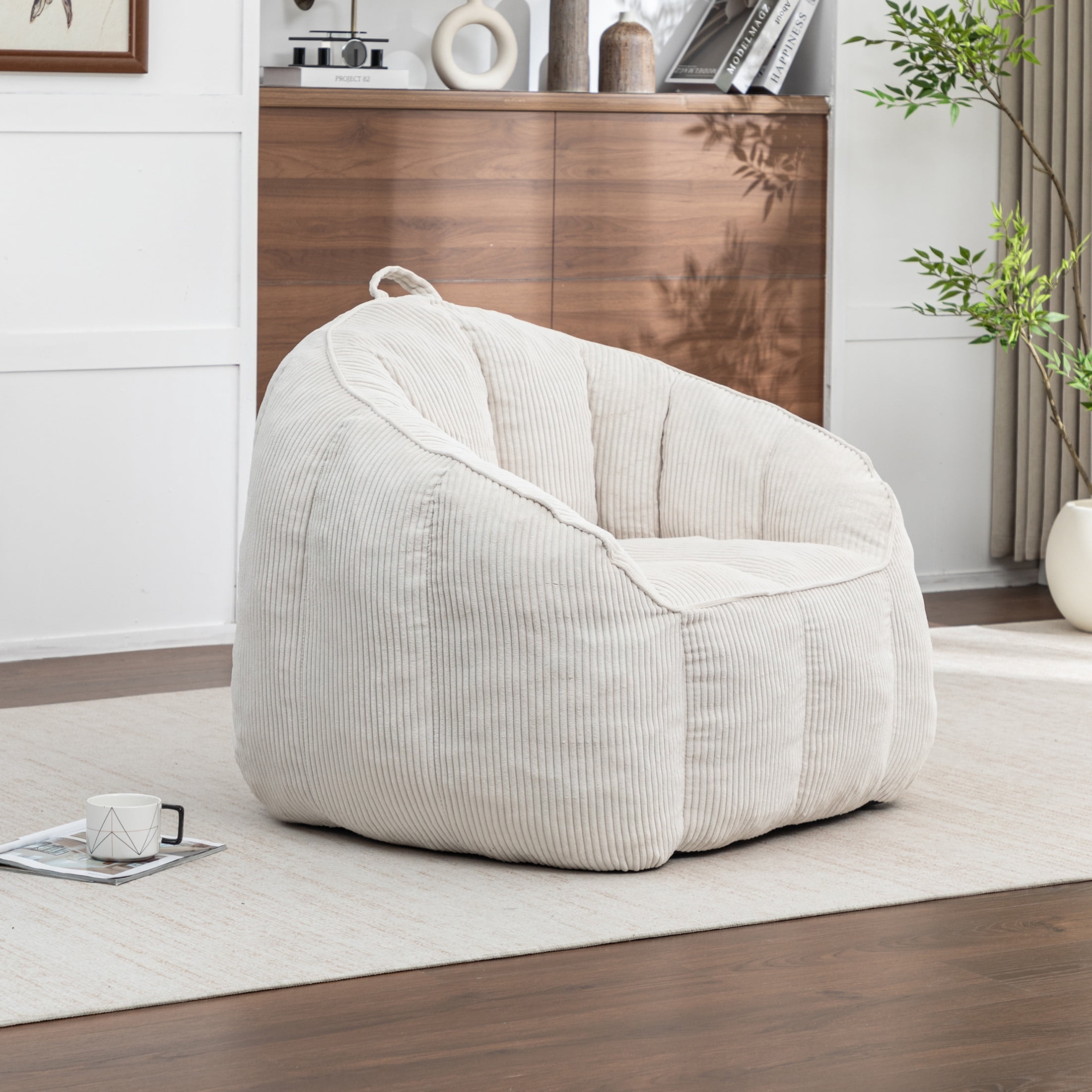 Noble House Revon Giant Corduroy Bean Bag Chair with Armrests, Cozy Memory Foam Lounge Couch for Living Room, Beige