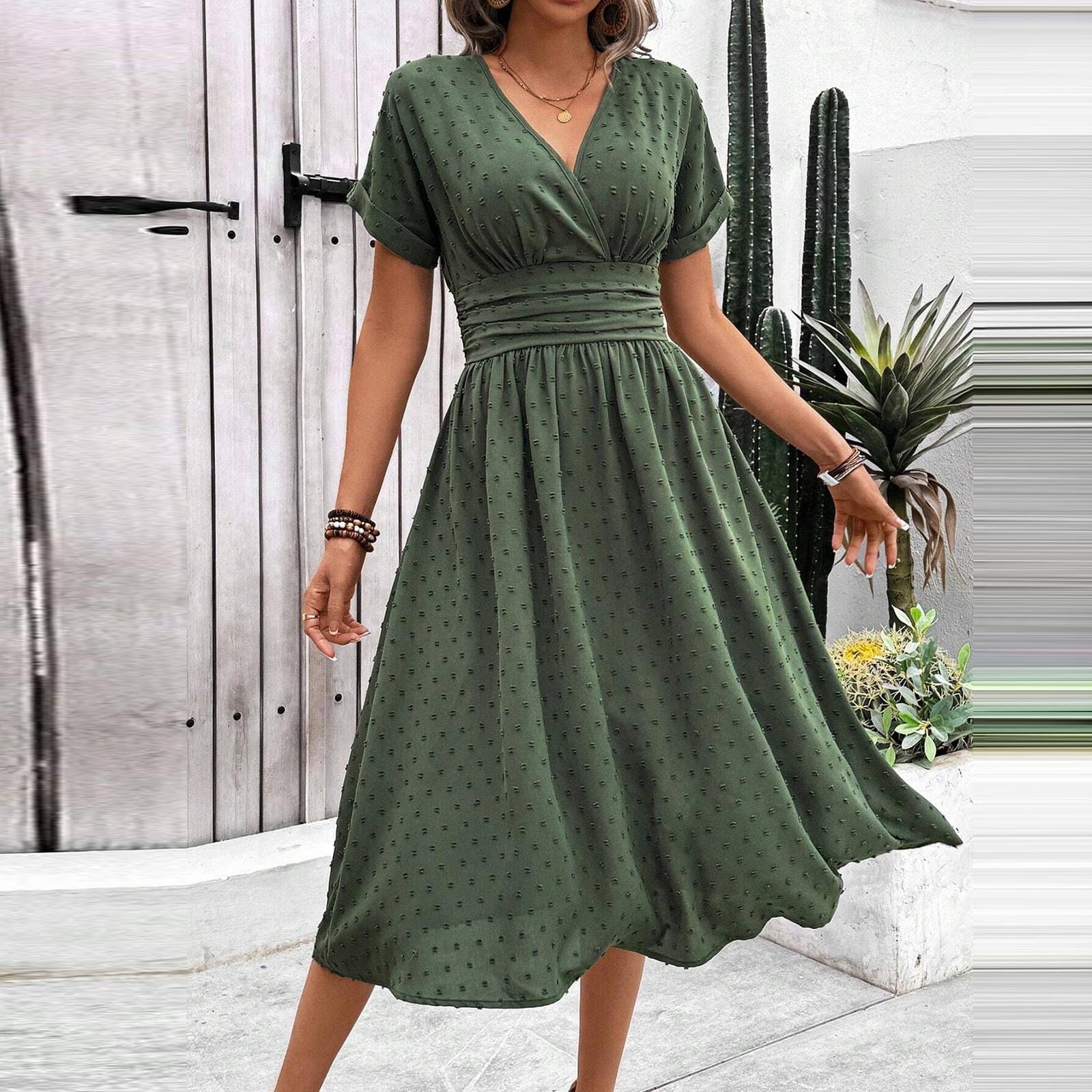 ruched short sleeve loose green midi dress Lovzfmll V-Neck Waist Solid Color A-Line Flowy for Women Casual Relaxed Fit V-Neck Green, XL, Women's nav-287
