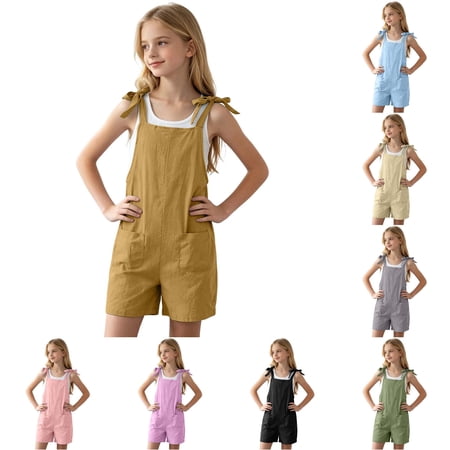 WDDDD Girls Loose Solid Suspenders Overalls with Pockets Adjustable Gold 9-10 Years