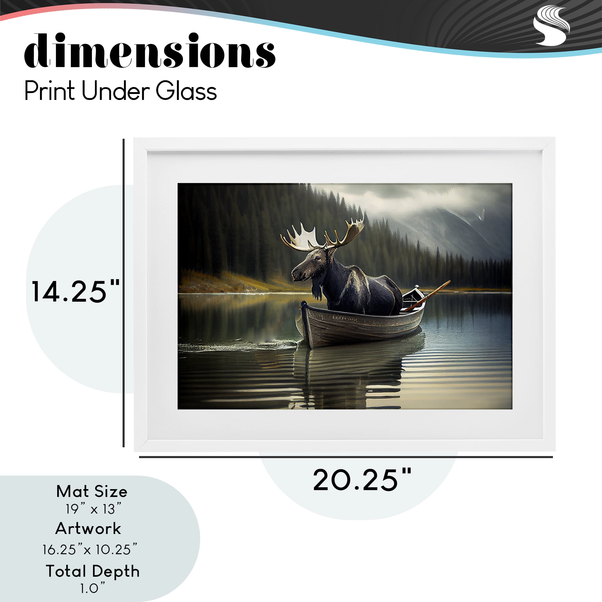 Moose in Canoe Tranquility White Framed Print Under Glass, design by Sasha