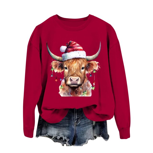 Chandail en Molleton Décontracté à Manches Longues pour Femmes, Imprimé Vache Western de Noël