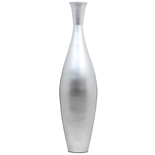 Modern Bamboo Narrow Trumpet Floor Vase, Silver Polystone Mirror Mosaic Trumpet Floor Vase
