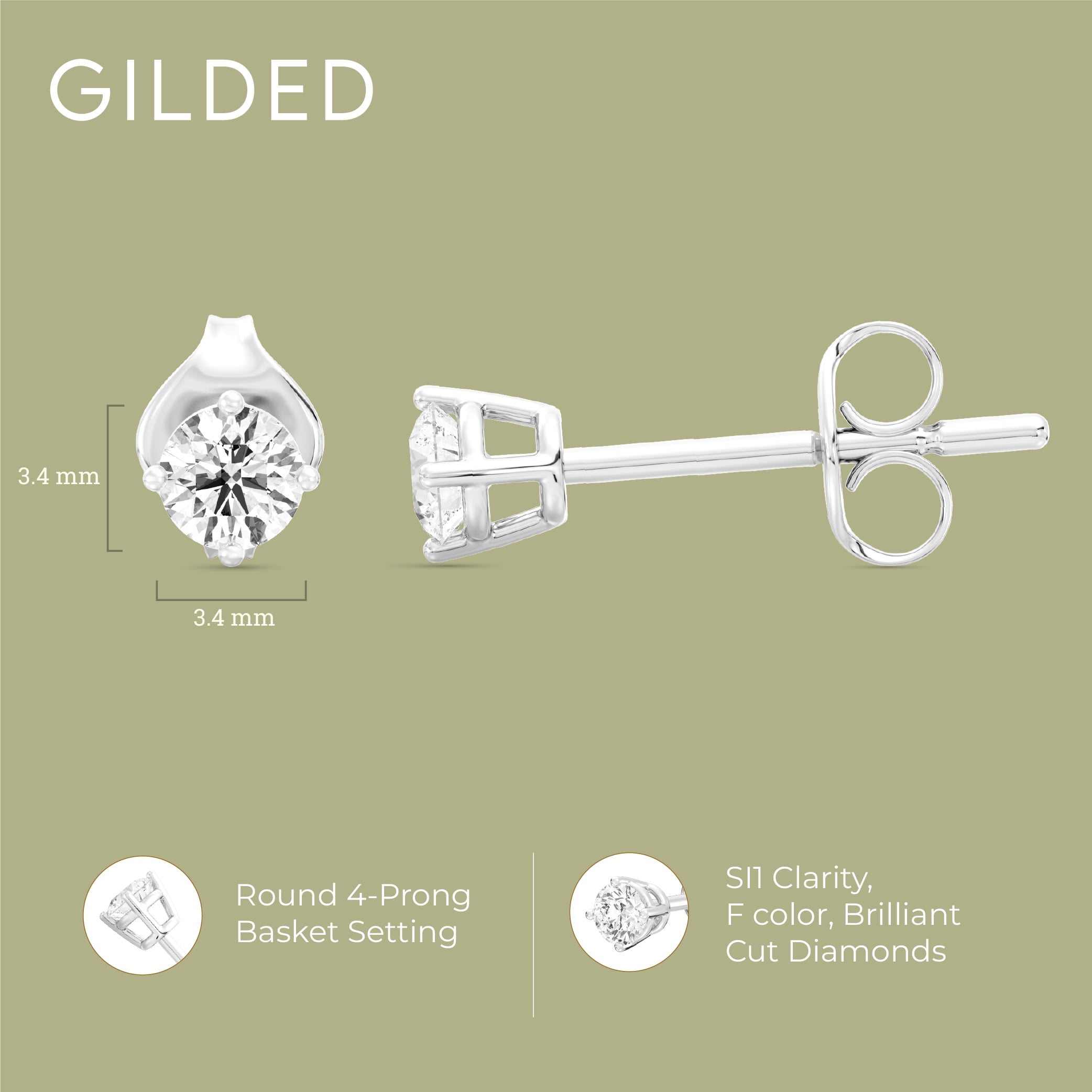 Gilded 1/3 CTW Lab-Grown Diamond Stud Earrings for Women & Men, Round Cut 925 Sterling Silver, Hypoallergenic Jewelry - SI1 Clarity F Color