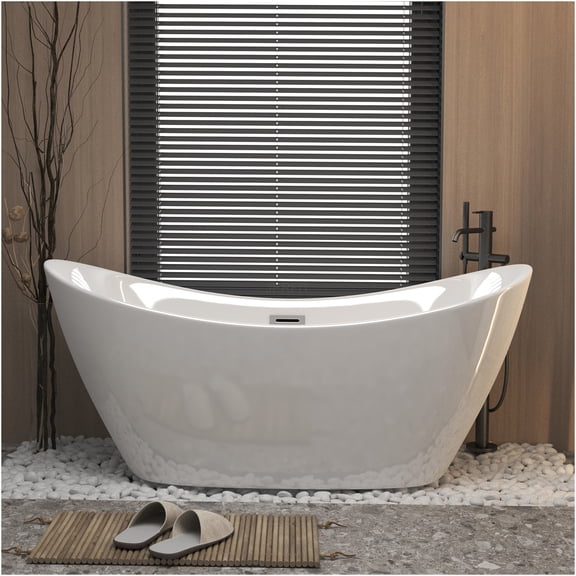 JERFIT 59 Inch Gloss White Acrylic Freestanding Bathtub with Chrome Overflow Drain, Modern Soaking Tub for Bathroom