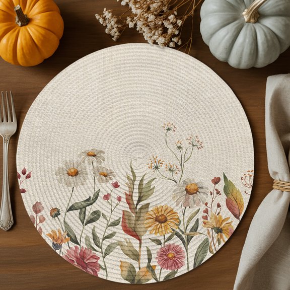 Fall Pink Flower Round Braided Placemats Set of 2, White Daisy Leaf Pastoral Plant Vintage Heat Insulation Place Mats Washable Non-Slip Table Mats for Kitchen Dining Party, 13 Inches
