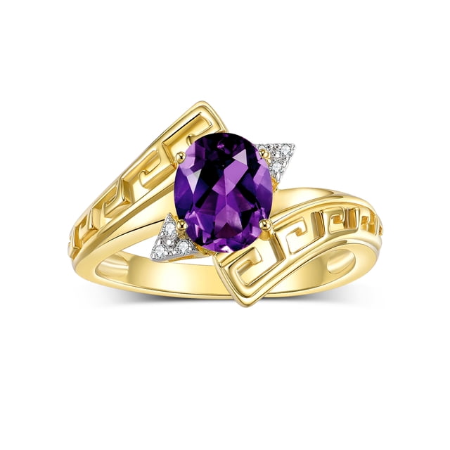 RYLOS Rings for Women 14K Yellow Gold Greek Key Designer Ring 9X7MM Gemstone & Diamond Ring February Amethyst Jewelry Size 10