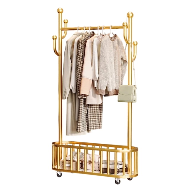 Portemanteau Roulant avec Panier de Rangement et Crochets, Tringle à Vêtements Autoportante en Métal Robuste sur Roulettes, Organisateur de Garde-Robe Portable pour Entrée Chambre Buanderie, 80/100 cm, Or/noir/blanc