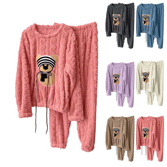 Bovxnpu Womens Pajamas Set Loungewear Fleece Lined Thickened Warm Elastic Waist Pants 2 Piece Sleepwear