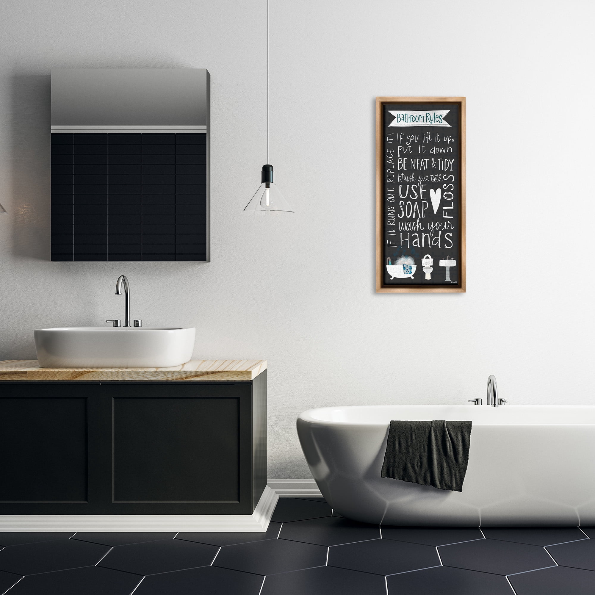 Stupell Industries Whimsical Bathroom Rules Sign Typography Painting Brown Floater Framed Canvas Art Print Wall Art, 15 x 31