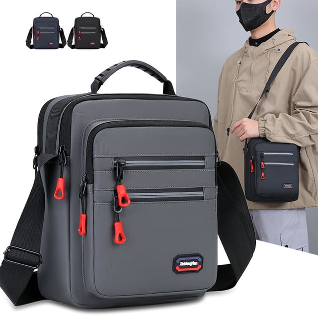 Mochila cruzada de lona para hombre en el pecho – Correa ajustable, bolso de hombro de viaje con varios bolsillos • Gris/azul ligero 25x20x9cm • Mochila mensajera con cremalleras duraderas para el