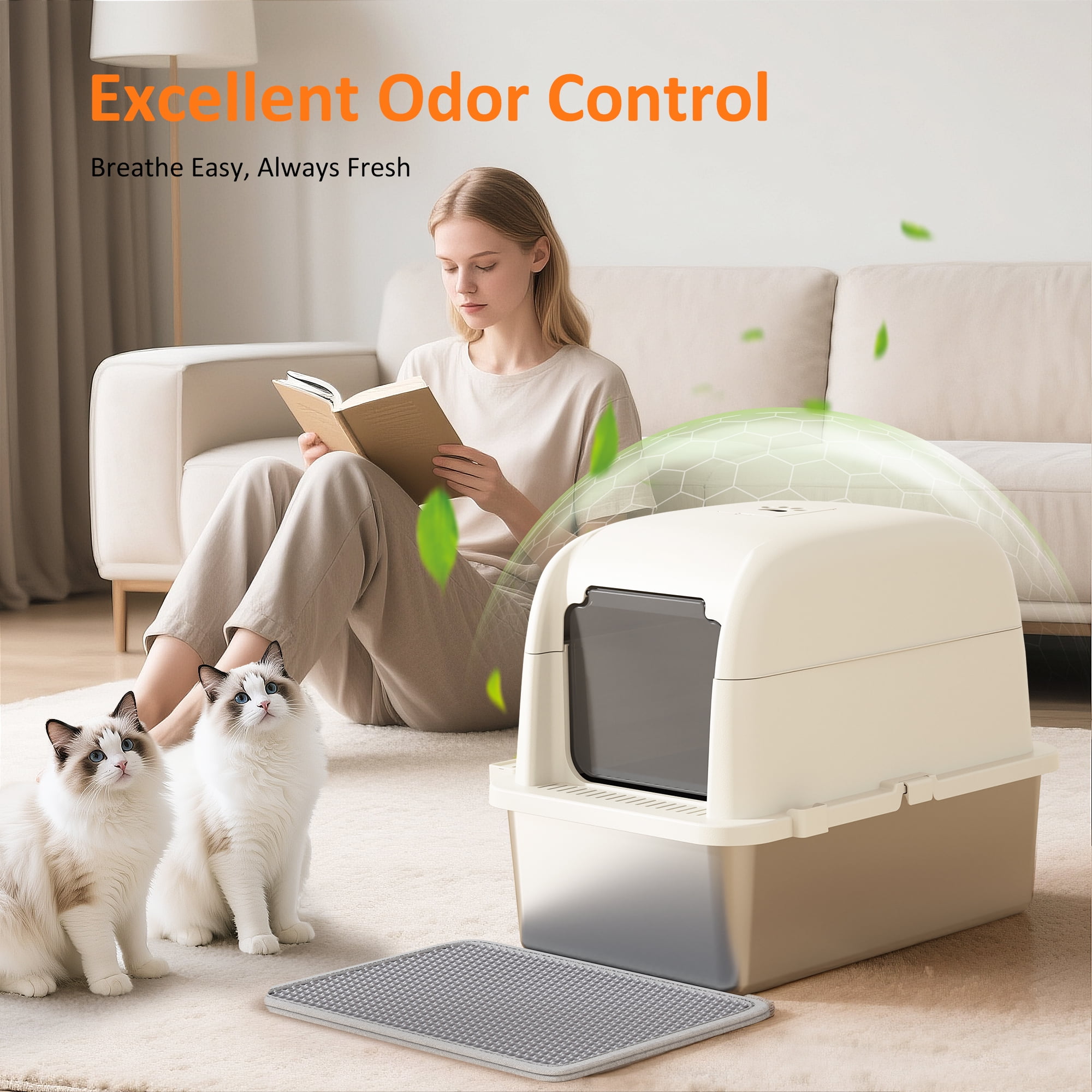 Large Stainless Steel Cat Litter Box with Scoop and Mat Set - Odor, Stain and Rust Resistant, Easy to Clean, White