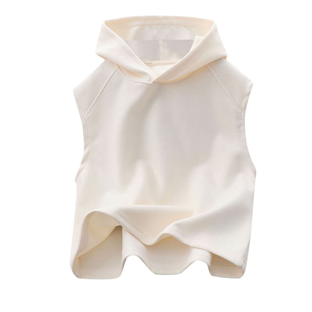 ZHUASHUM T-Shirts Garçons Filles Printemps et Été Débardeurs Unis Sans Manches à Capuche Col Rond, 7-8 Ans Blanc