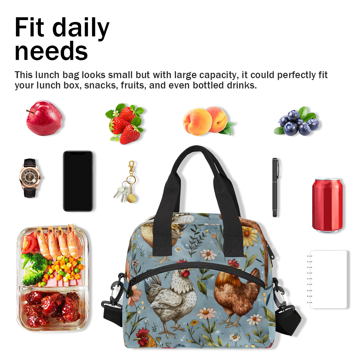 Herdesigns Rooster Insulated Lunch Bag for Women Men Adults Large Reusable Lunch Box Cock Leakproof Cooler Tote Bags with Adjustable Shoulder Strap