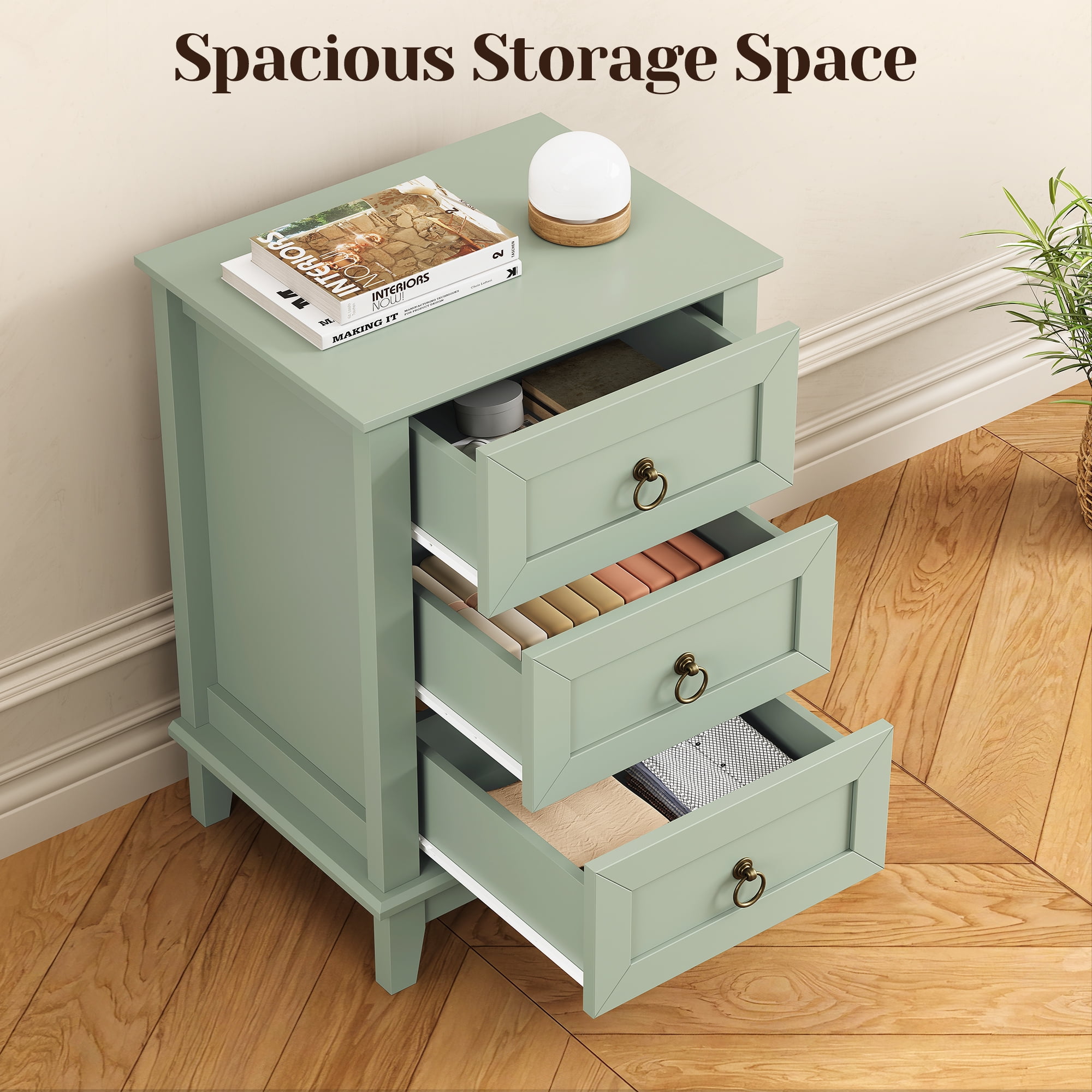 CozyHome Green Slim Night Stand: 3-Drawer Tall Wood Dresser, Space-Saving Bedside Table for Small Rooms, Bedroom, Nursery, or Dorm