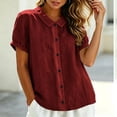 thumbnail image 5 of Yutgune Women's Trendy Cotton Linen Top Casual Solid Color Short-Sleeved Button-Down Blouse Collar Shirt, 5 of 9