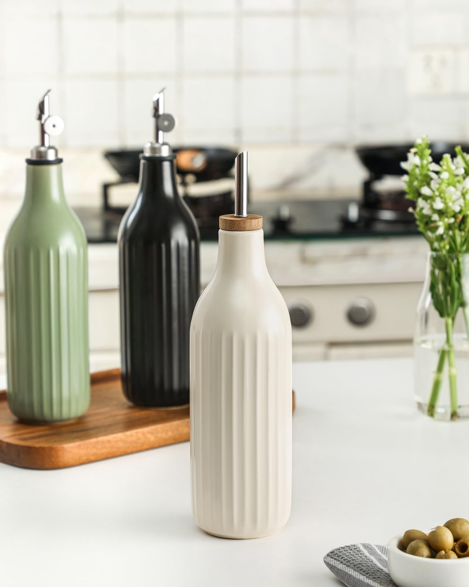 Olive Oil Dispenser Bottle  19 Oz For Kitchen And Vinegar Suitable Coffee Syrups & Other Liquids Off White