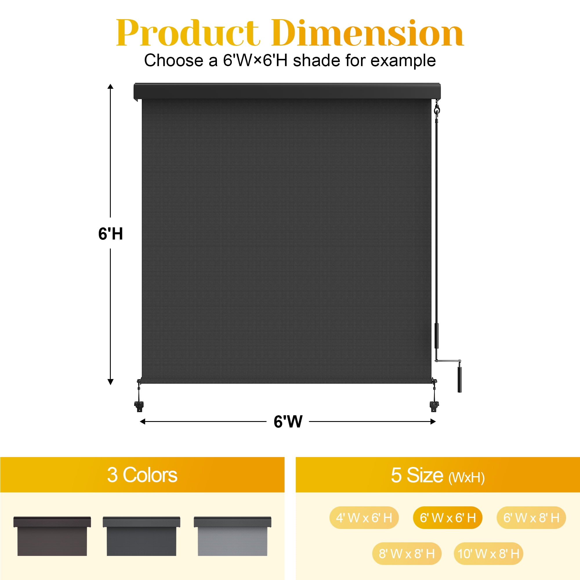 Heynemo 6'x6' Crank Outdoor Roller Shade, UV Protection Cordless Patio Roll Up Blind with Metal Valance for Porch Deck Pergola, Black