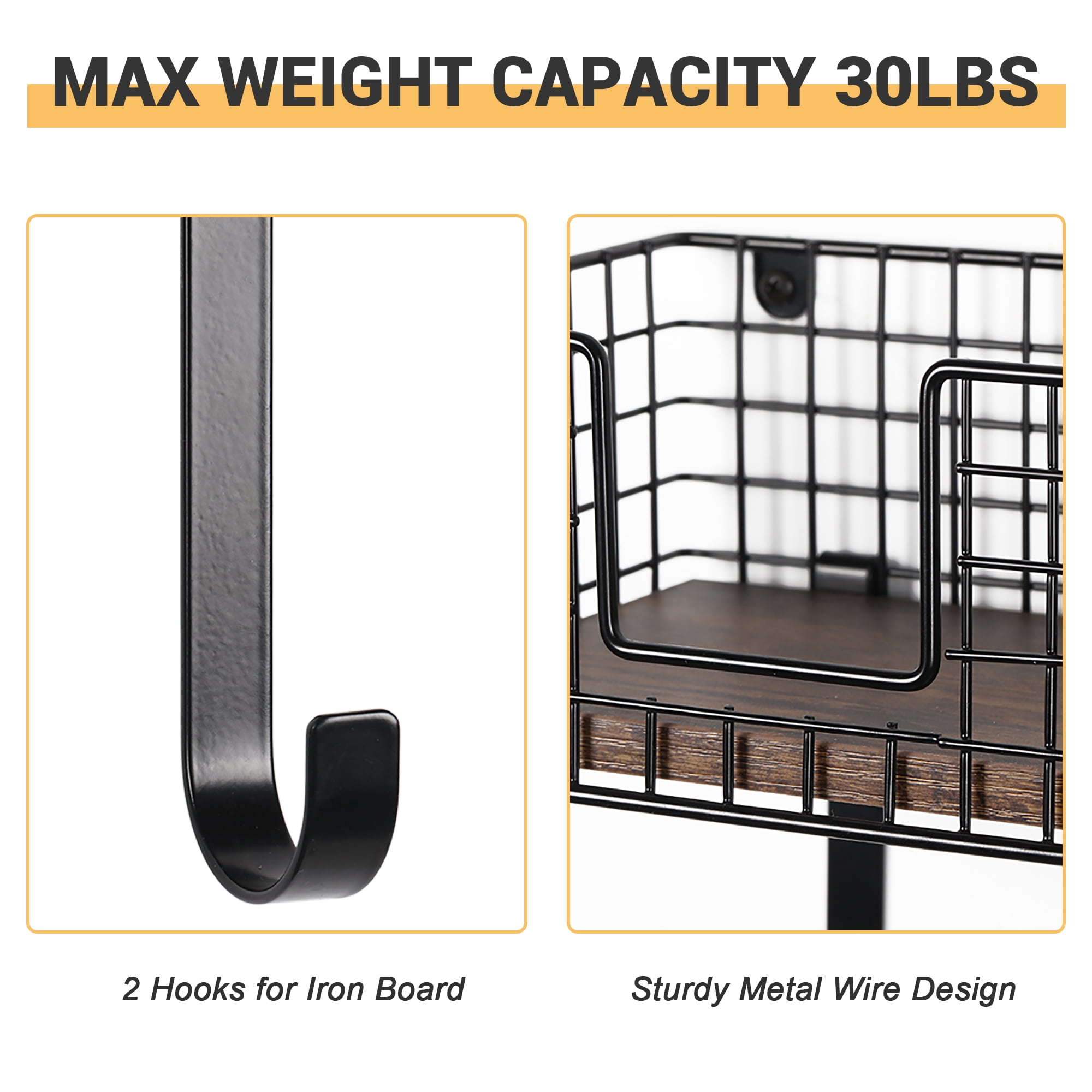 Wall Mounted Ironing Board Hanger for T-Leg with Storage Basket and Removable Hooks, Black