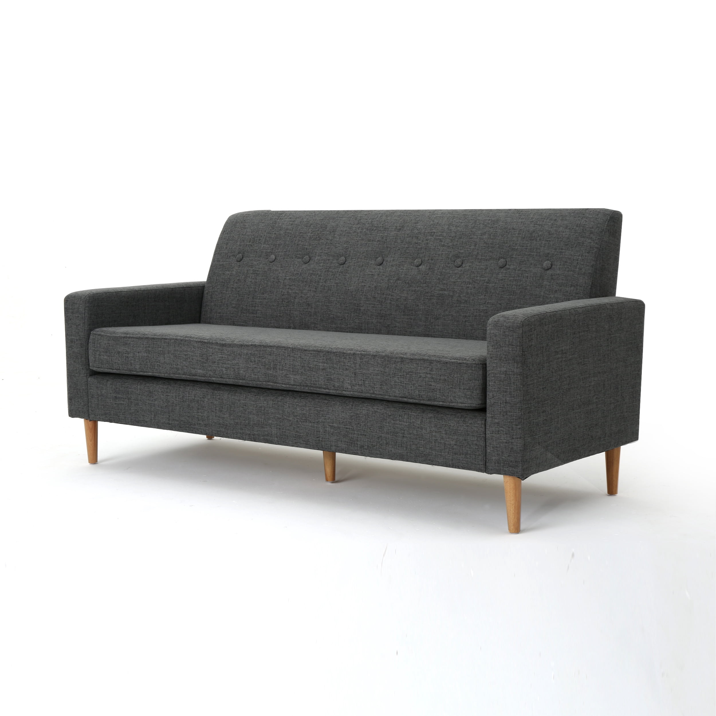 Noble House Elaina Fabric Button Tufted 3 Seater Sofa, Gray, Natural