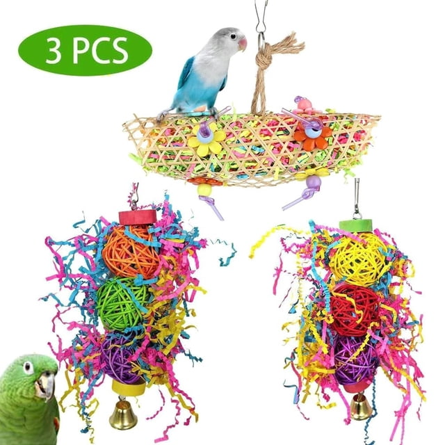 Juego de 3 juguetes colgantes para pájaros con cascabeles, para periquitos, cacatúas, periquitos y otras aves, juguetes para masticar para loros
