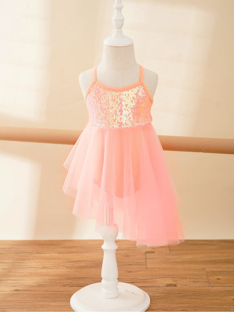 Kaerm Girls Figure Skating Dress - Sleeveless High-Low Skirt With Sequins, For Latin Jazz & Lyrical Dance