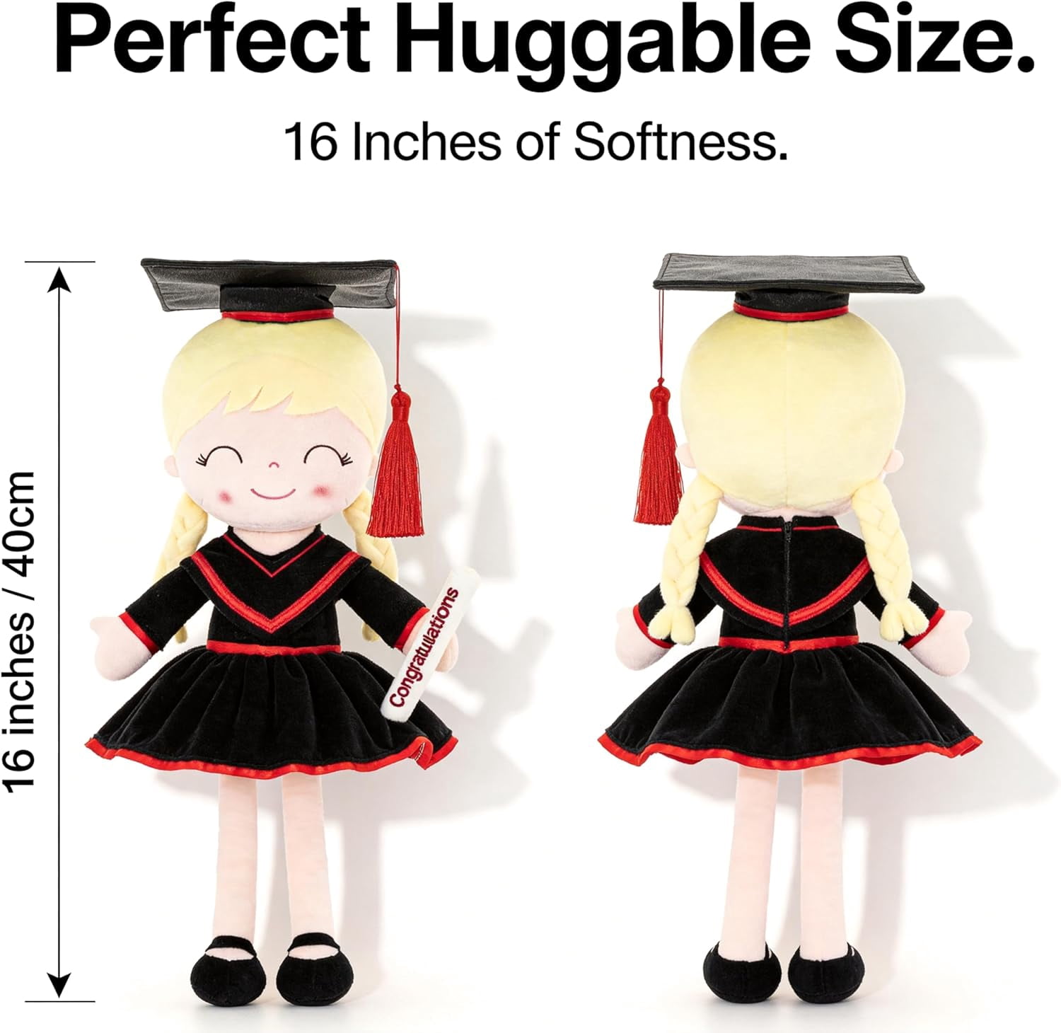 Gloveleya 16" Classic Black Graduation Doll - Traditional Cap & Gown Plush Toy - Kindergarten Preschool Graduation Ceremony Gift, Class of 2026 Keepsake