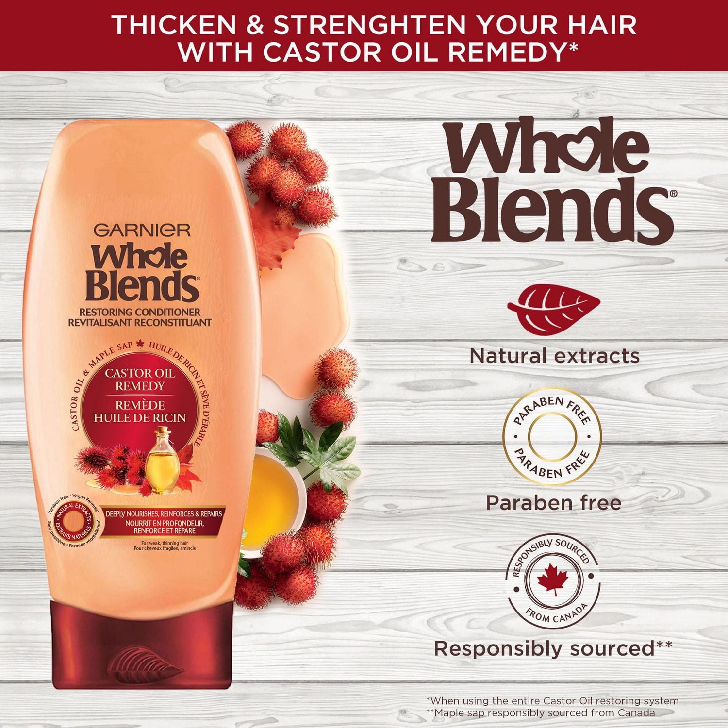 Garnier Whole Blends Castor Oil Remedy Conditioner, 650 mL, Restoring Conditioner for weak, thinning hair