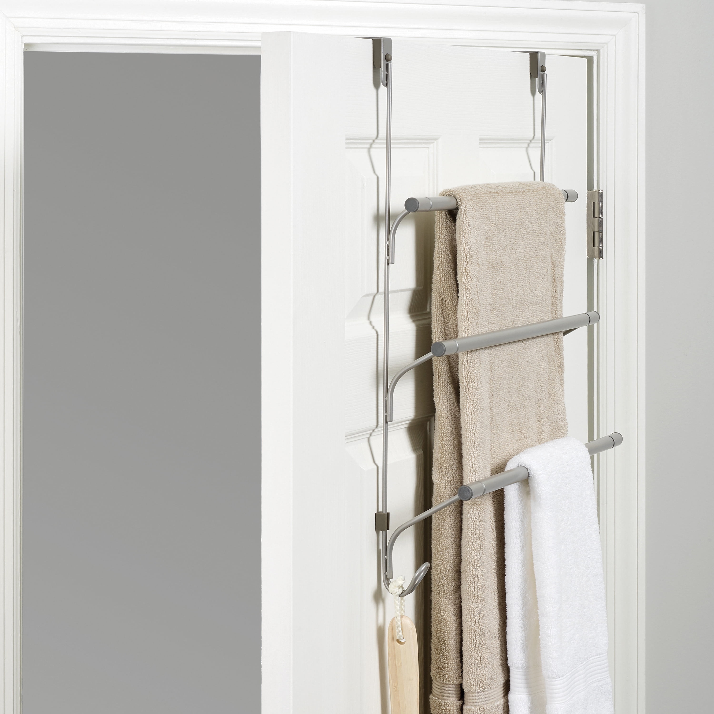 Mainstays SnugFit over-the-Door 3-Tier Towel Bar and 2 Hooks Hanging Storage, No Tools, Satin Nickel