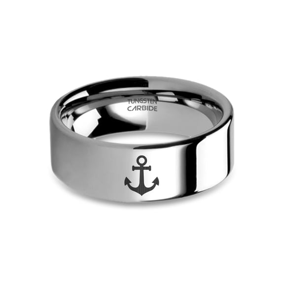 Anchor Nautical Symbol Engraved Silver Tungsten Carbide Ring, 8mm, Size 15