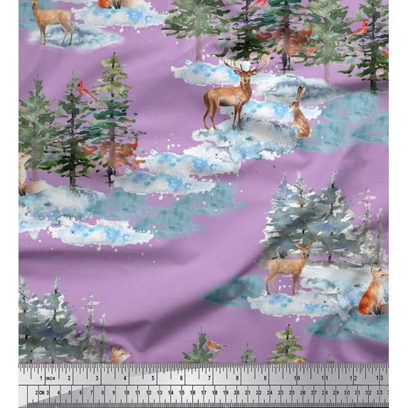 Soimoi Purple Silk Fabric Animals & Pine Tree Print Fabric by the Yard 42 Inch Wide