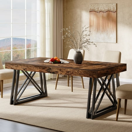 Tribesigns 63-Inch Dining Table for 4-6 Farmhouse Kitchen Table with Sturdy Metal Legs Rectangular Dinner Furniture for Home Living Room (Rustic Brown & Black)