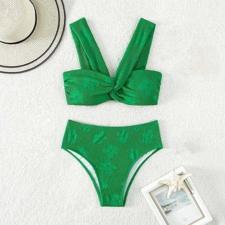 Aobny Fancy Women s Swimsuit Sets Twist Front Green High Waisted Panties Bralette Cheeky Bikinis Sexy Underwears M