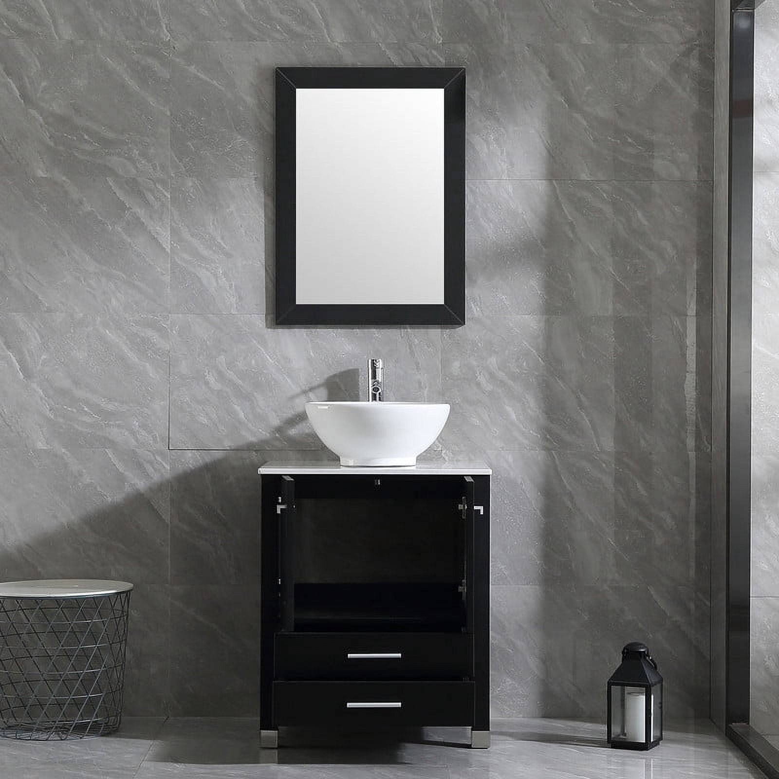 Walsport 24" Luxurious Bathroom Vanity and Sink Combo Wood Cabinet Top Round Ceramic Vessel Sink Faucet Drain Combo with Mirror Vanities Set,Black