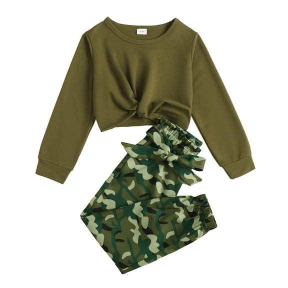 7T Big Girls Clothes 8 Years Big Girls 2PCS Fall Winter Outfits Set Big Girls Long Sleeve Top Camo Pants Set Army Green