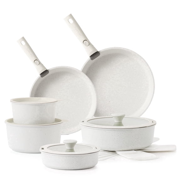 SENSARTE Nonstick Cookware Sets with Detachable Handles, 17Pcs Pots and Pans Set, Induction Kitchen Cookware Sets Stackable, White