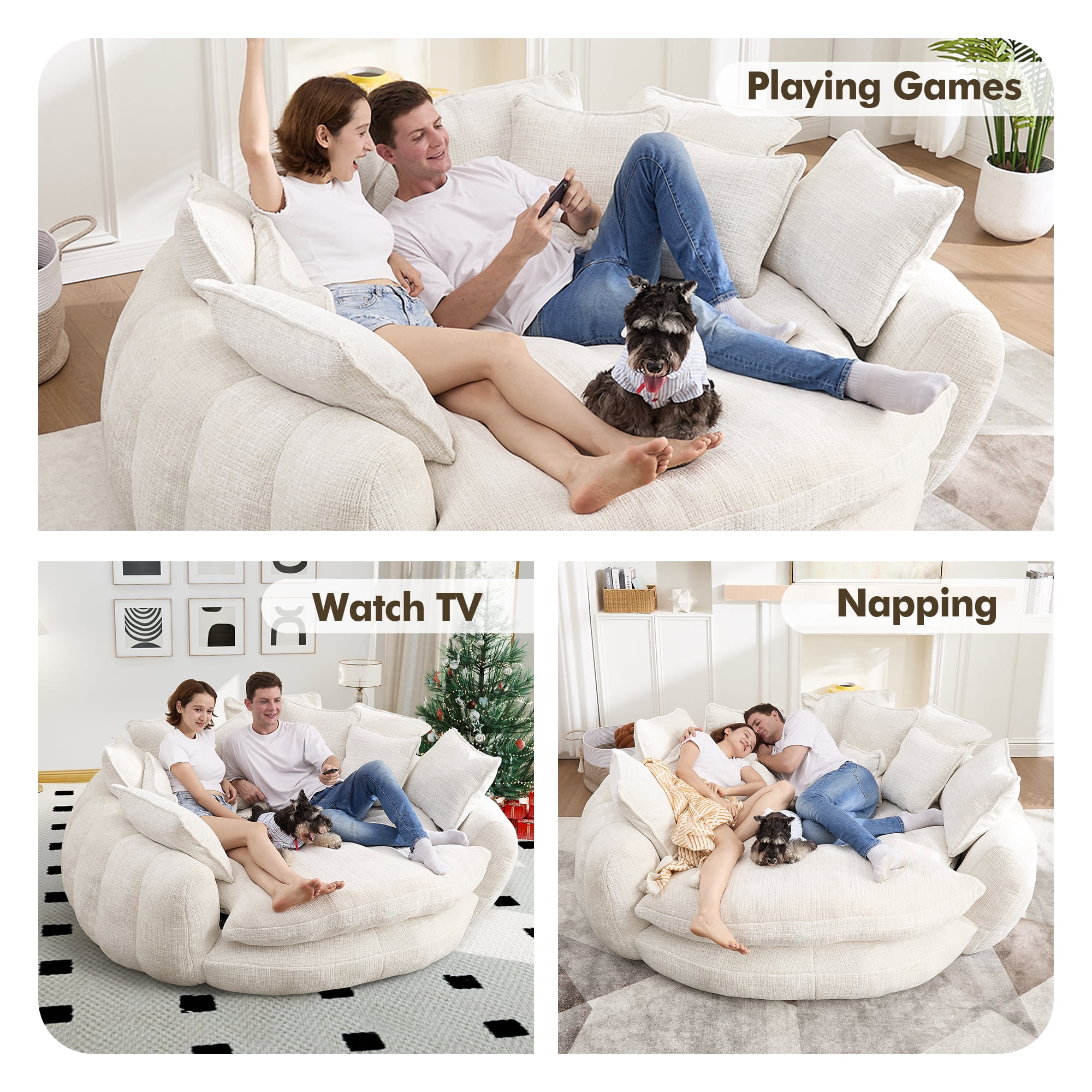 Aukfa 81" Oversized Round Chaise Lounge Sofa Bed, Modern Chenille Cloud Couch with Deep Seat, 14 Pillows, Assemble-Free, Beige