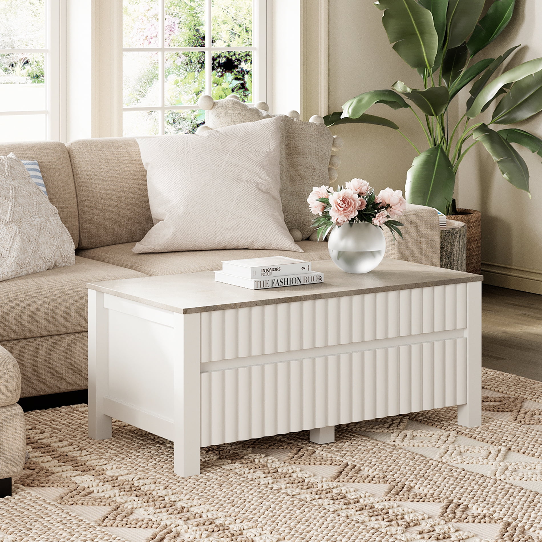Modern Coffee Table with Sliding Drawers for Living Room, White