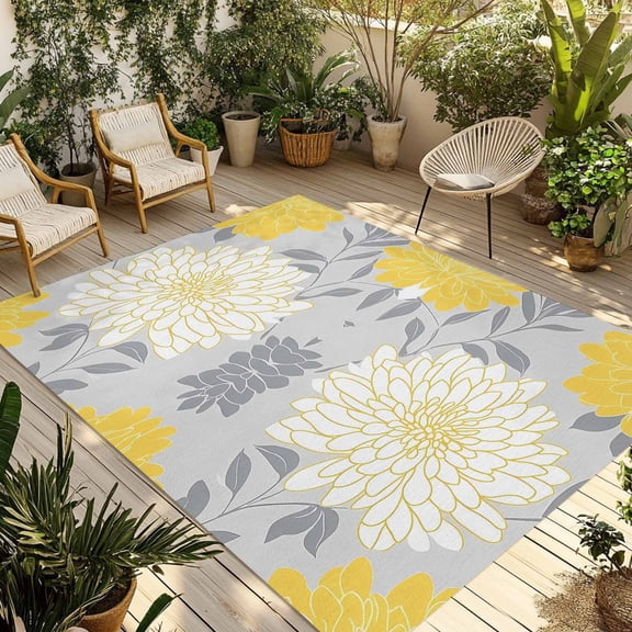Fsddascl Yellow White Flowers Outdoor Rug for Patio/Deck/Porch, Non-Slip Large Area Rug 5 x 8 Ft, Retro Rustic Watercolor Wild Floral Indoor Outdoor Rugs Washable Area Rugs, Camping Rug Carpet