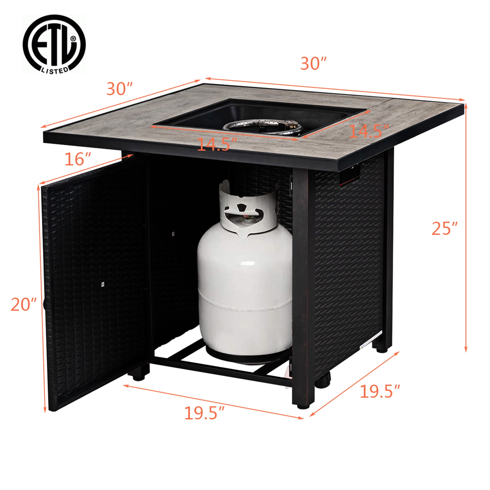 Gymax 30'' Gas Fire Table 50,000 BTU Square Propane Fire Pit Table Patio Yard