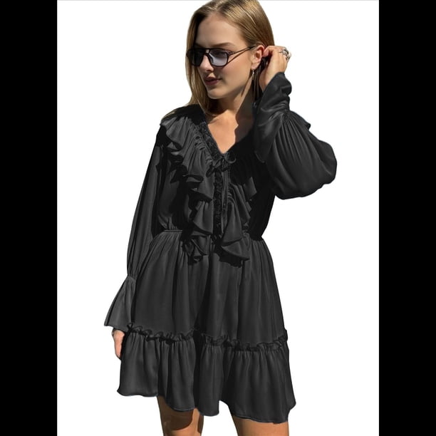 Vestido Corto Informal de Verano para Mujer, con Escote en V, Larga, Holgado, Cintura Alta, Plisado y Volantes Negro L