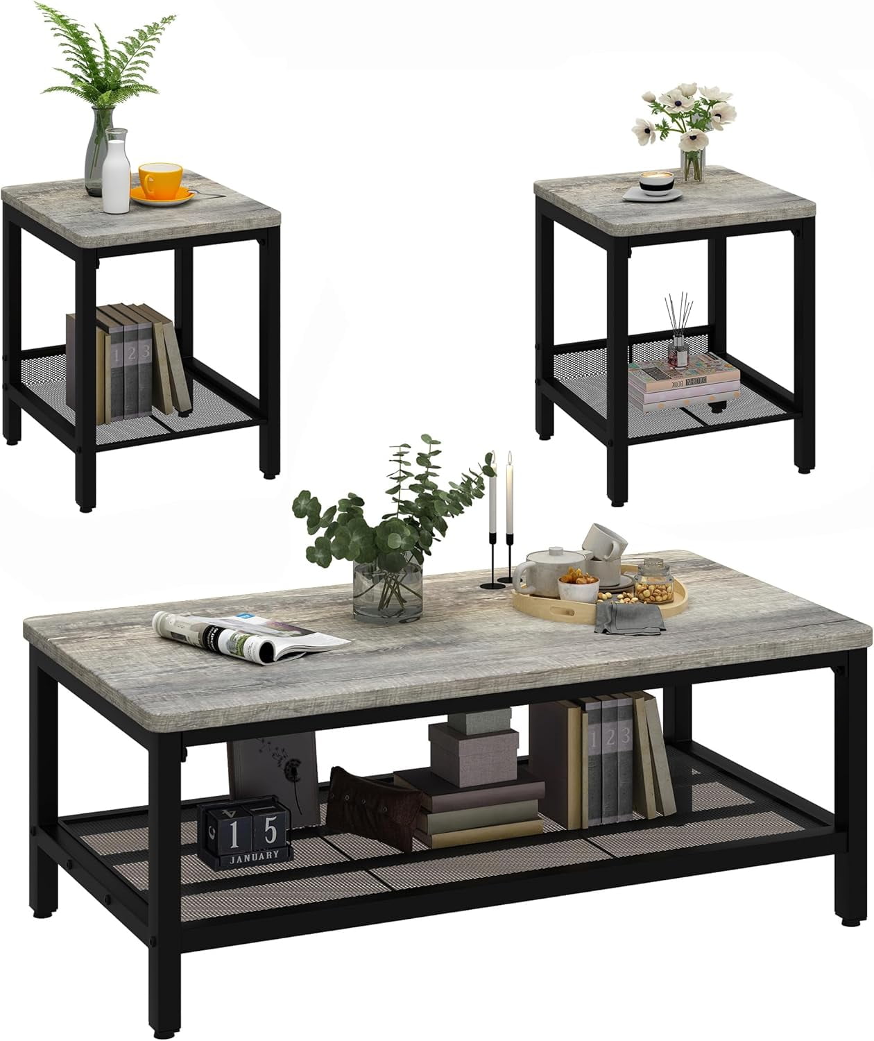 LinkRomat Living Room Coffee Table Set of 3, Modern Industrial Table Set with 1 Coffee Table and 2 End Tables, Square Wood and Metal Frame, Gray