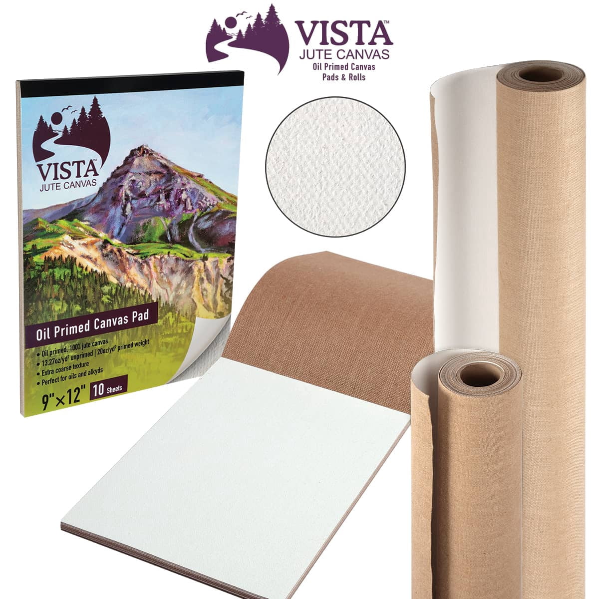 Vista Jute Oil-Primed Canvas Roll, 60" x 6 Yards, Jute Woven Rolls for Painting, Extra-Coarse Texture, DIY Canvases, 16.52 oz Double-Primed, for Oils, Acrylics, Mixed Media Techniques