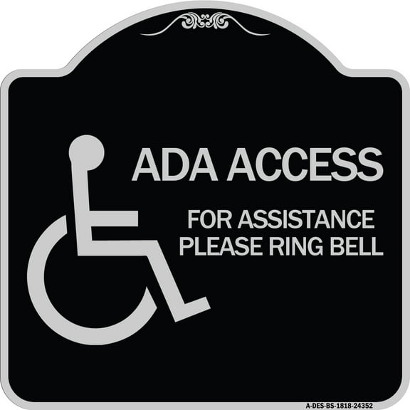 SignMission Designer Series Sign - ADA Access for Assistance Ring Bell (With New Isa Symbol) | Black & Silver 18" X 18" Heavy-Gauge Aluminum Architectural Sign | Made in the USA